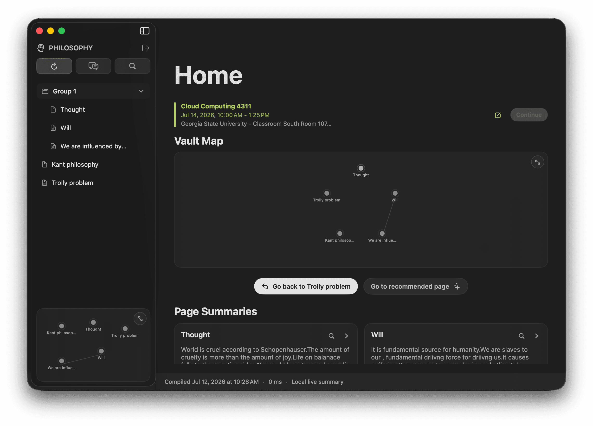 Zirn Home showing a philosophy vault map and page summaries