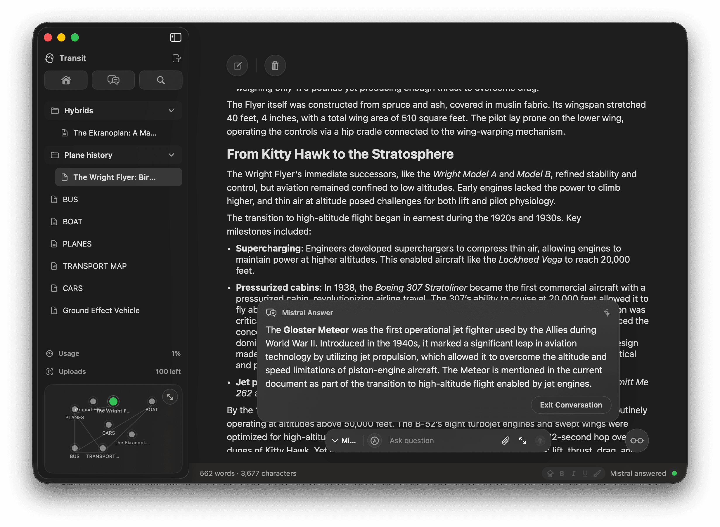 Zirn app showing notes, sources, and an AI answer drawn from your own files